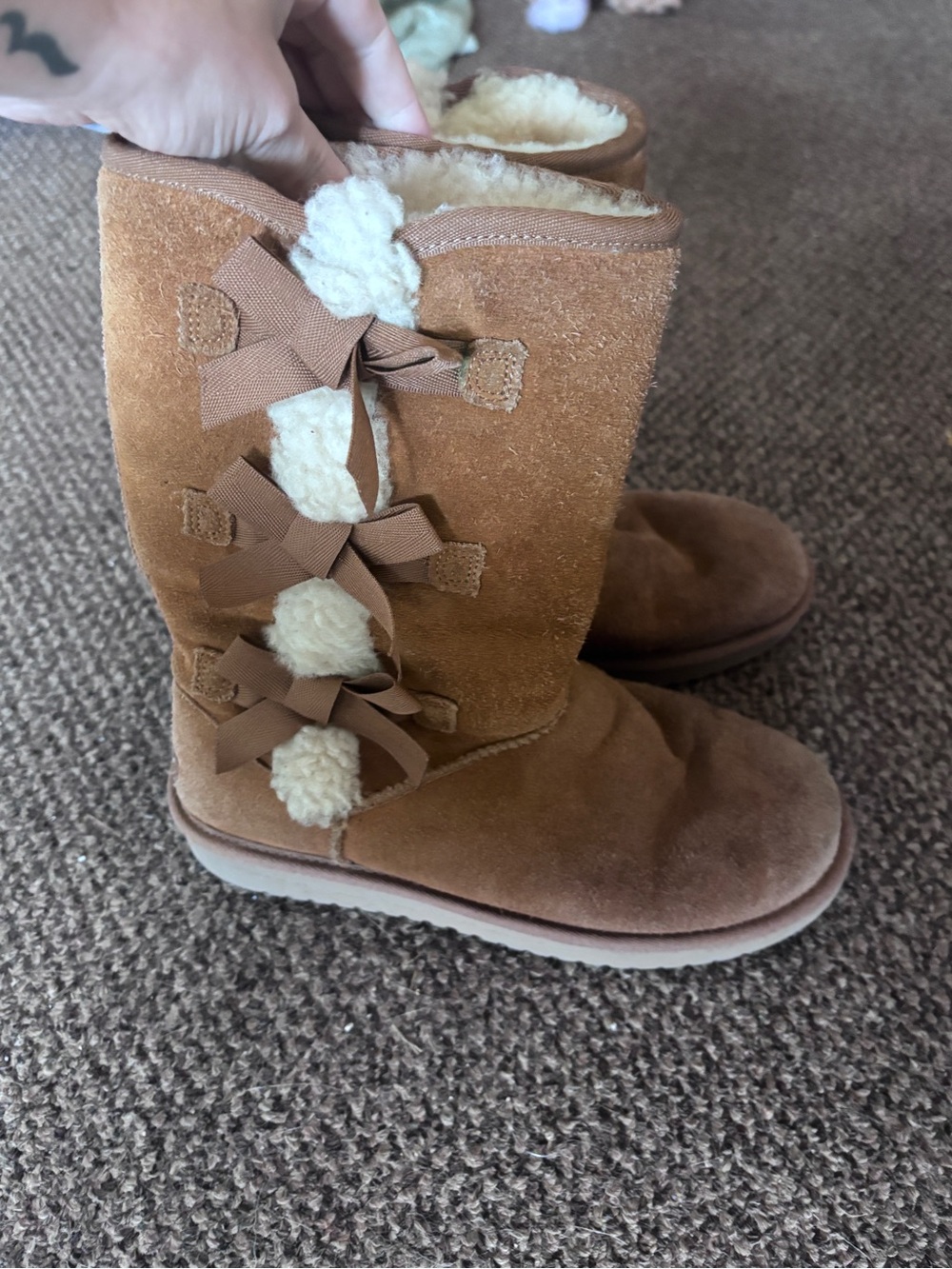 Koolaburra Ugg Brown Suede Shearling-Trim Bow-Back Winter Boots